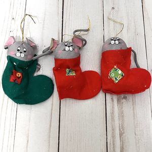 3 Vintage Enesco Felt Christmas Mouse Stocking Ornaments Made in Taiwan